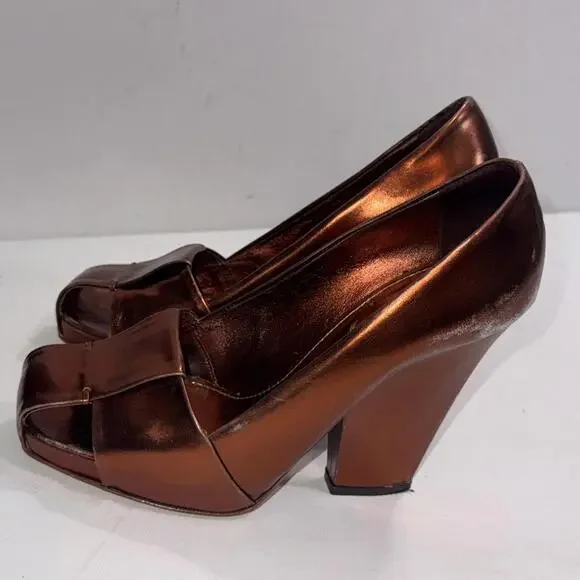 Yves Saint Laurent YSL Basket Orange Bronze Leather Designer Heels Sandals 37.5 - Picture 3 of 15